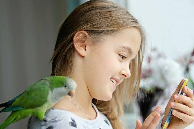 Tiergestützte Arbeit Ausbildung - lächelndes Mädchen mit Papagei auf der Schulter und Handy in der Hand