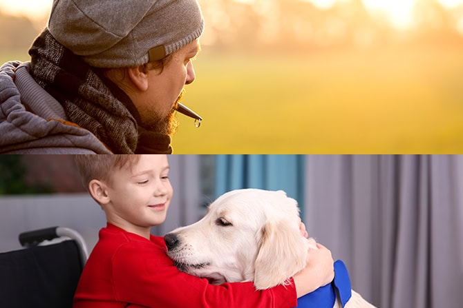 Lehrgänge ATN Hundetrainer und Assistenzhundetrainer in Kombination - Hundetrainer mit Pfeife und Junge mit Assistenzhund
